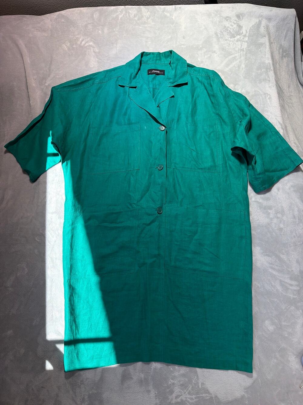 VTG Linda Allard Ellen Tracy 100% Linen Dress Jade Green Utility Pockets Sz 16